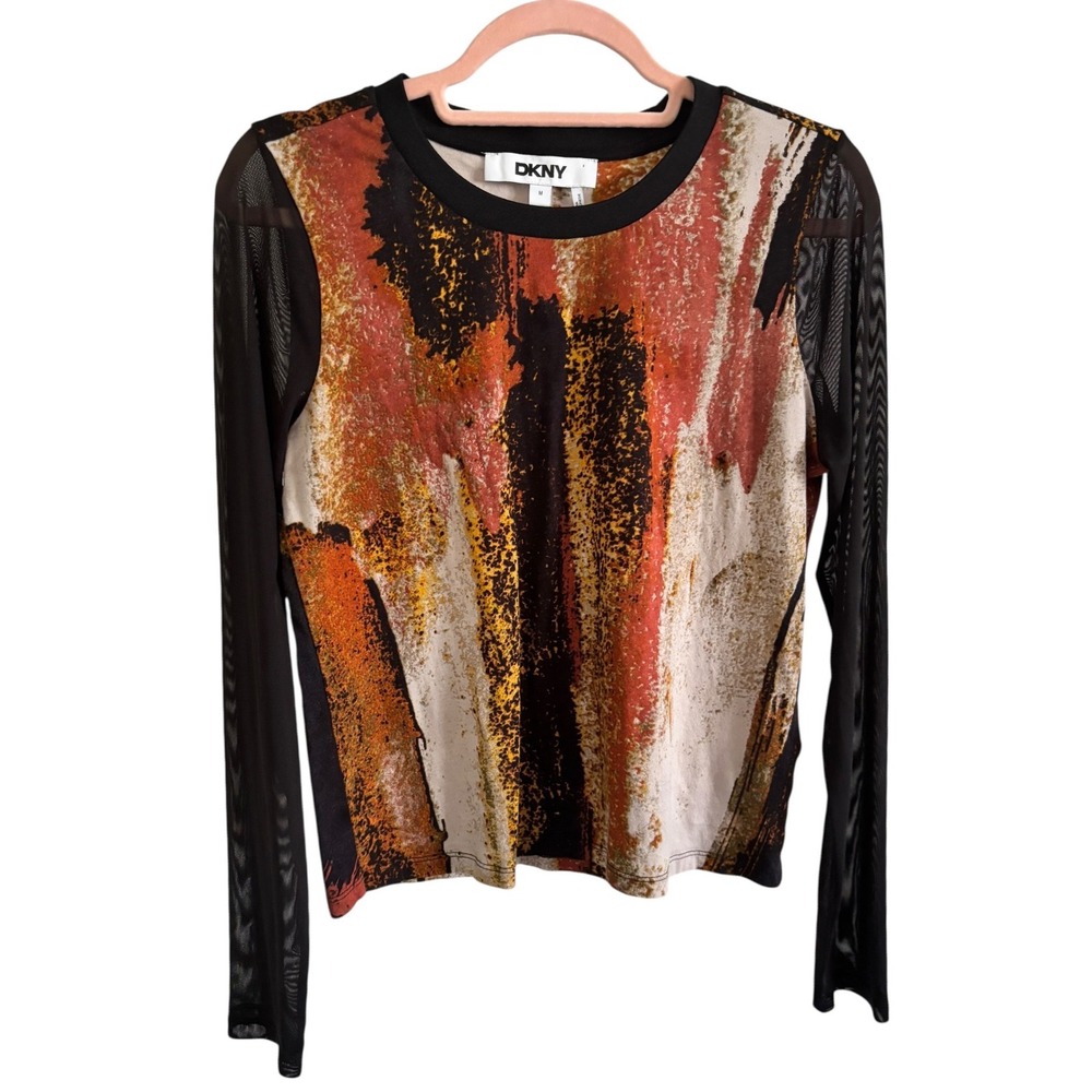DKNY Womens Abstract Brushstroke Print Mesh Long Sleeve Top Black Orange Size‎ M